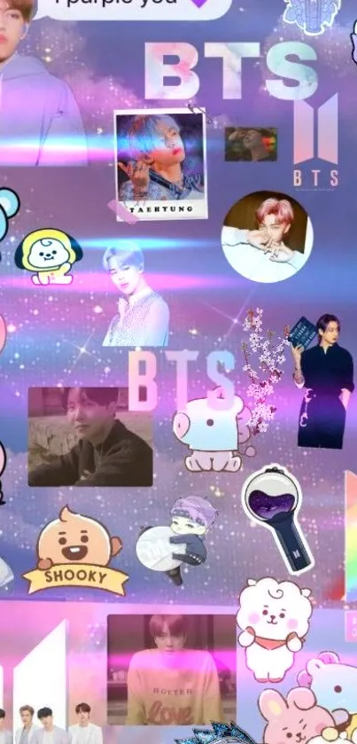 Vibrant BTS collage wallpaper with colorful characters and artistic design.