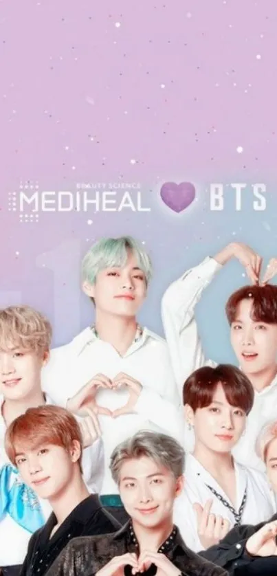 BTS members with heart gestures on a pastel pink background.