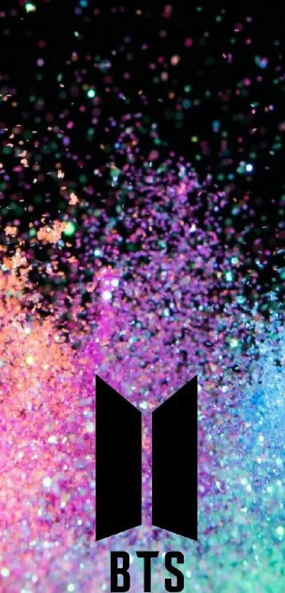 Vibrant mobile wallpaper with BTS logo and colorful particles.