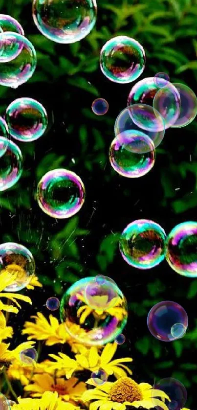 Colorful bubbles over yellow flowers with green background wallpaper.