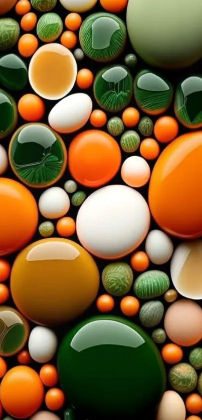 Vibrant bubbles with orange, green, and white hues creating abstract art.