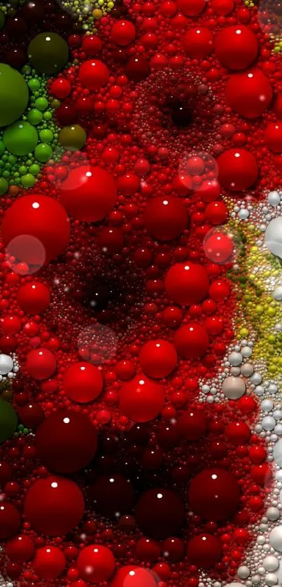 Vibrant bubble art with red, green, and white spheres forming abstract pattern.