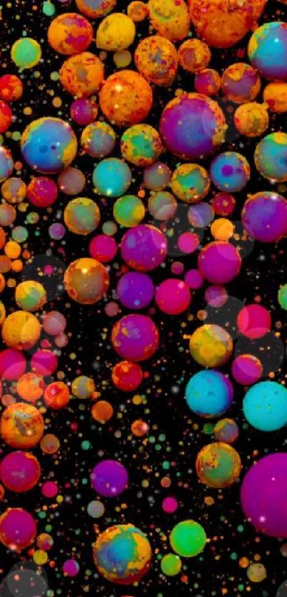 Vibrant mobile wallpaper with colorful bubble art on black background.