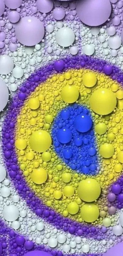 Vibrant bubble art wallpaper with purple, yellow, and blue circular patterns.