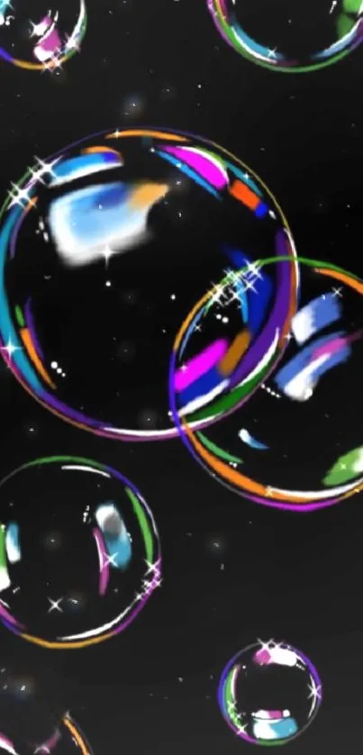 Vibrant bubbles with colorful reflections on a dark background wallpaper.