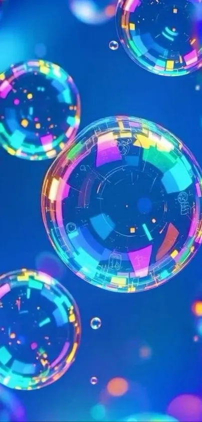 Vibrant digital art with floating bubbles on blue background.