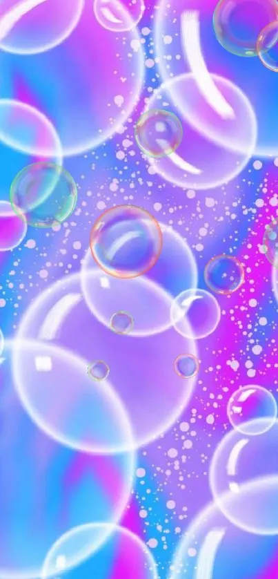 Vibrant mobile wallpaper with iridescent bubbles in blue and pink hues.