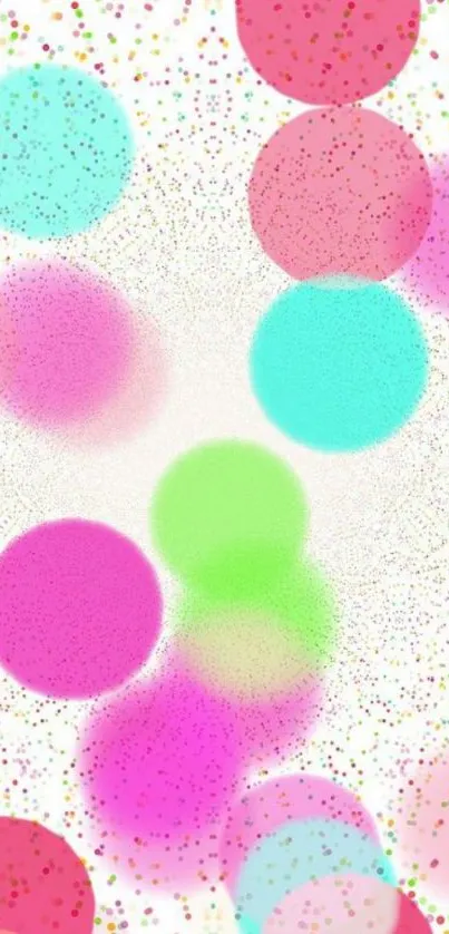 Colorful abstract wallpaper with vibrant dots and circles on a white background.