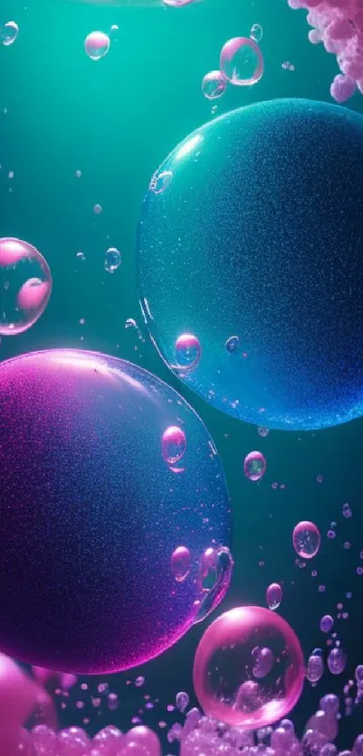 Colorful bubbles in teal and pink hues create a fantasy-themed mobile wallpaper.