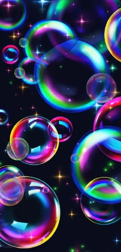 Vibrant colorful bubbles with sparkling stars on a dark background.