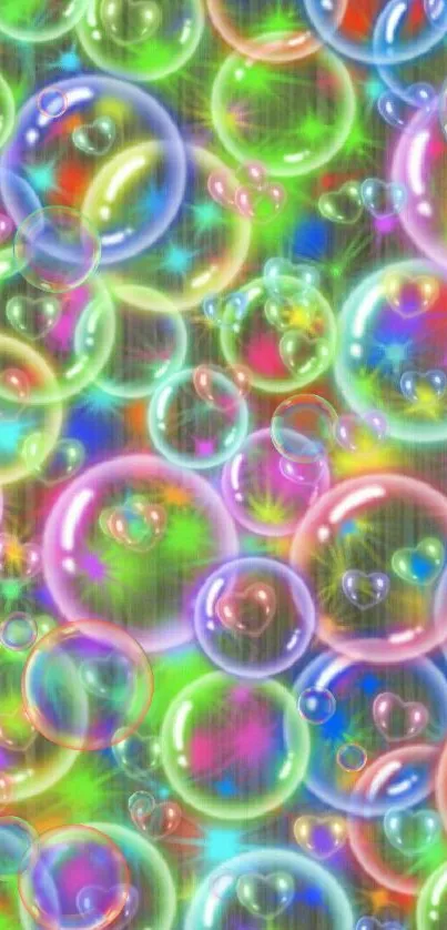 Colorful glowing bubbles on phone wallpaper.