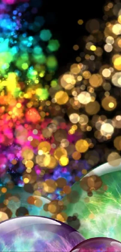 Colorful bubble galaxy wallpaper with vibrant rainbow hues and golden light effects.