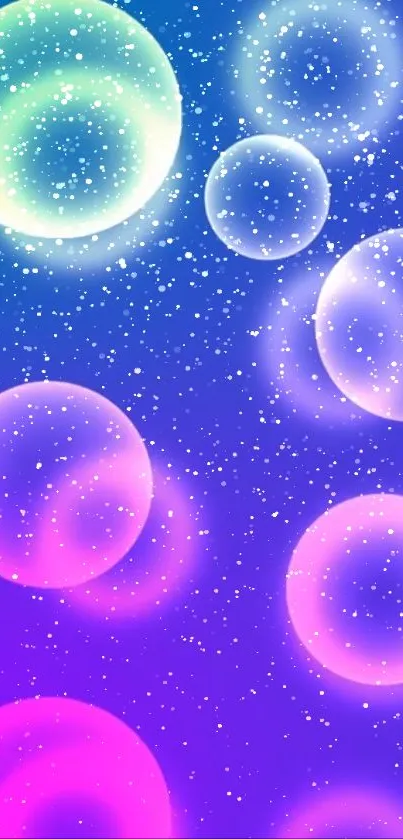 Mobile wallpaper with vibrant bubbles in a purple galaxy background.