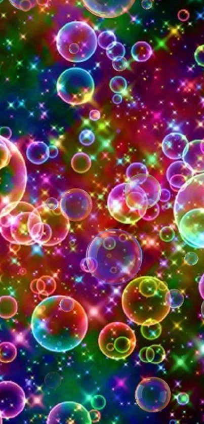 Colorful bubbles and stars in a vibrant galaxy-themed mobile wallpaper.