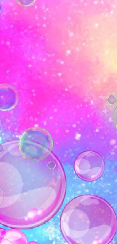 Vibrant phone wallpaper with pink bubbles on a cosmic background.