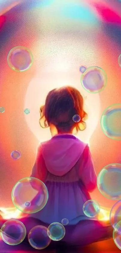 Colorful digital art of young girl inside a glowing bubble.