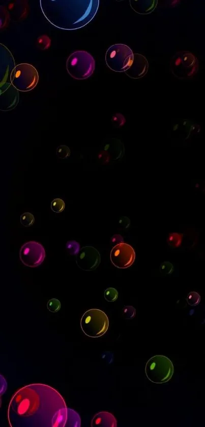 Colorful floating bubbles on black wallpaper.