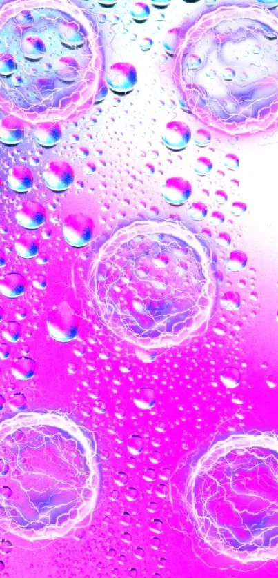 Vibrant phone wallpaper with bubbles and pink-blue gradient.