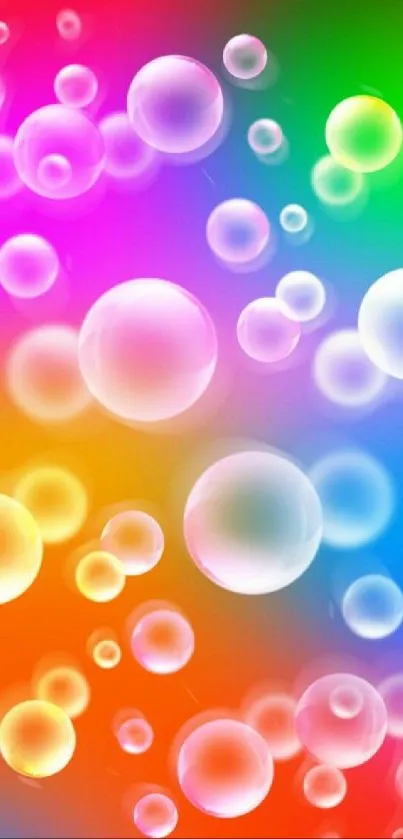 Colorful bubbles floating on a rainbow gradient background.