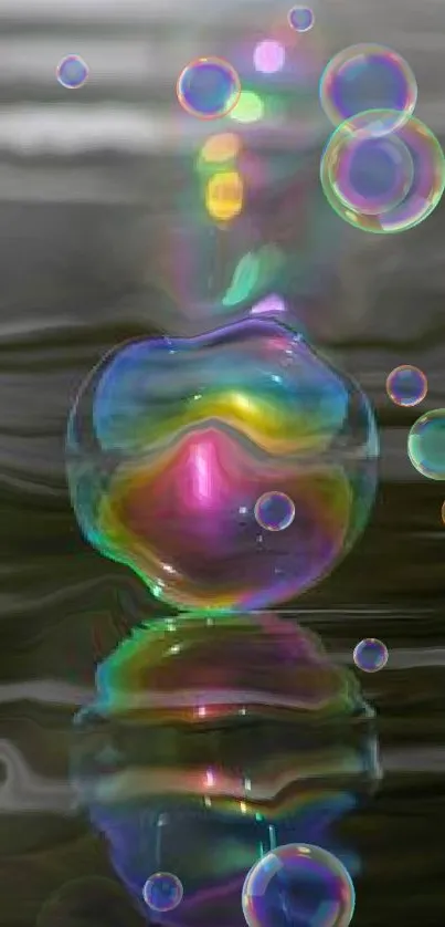 Vibrant bubble reflects rainbow colors on calm water surface.