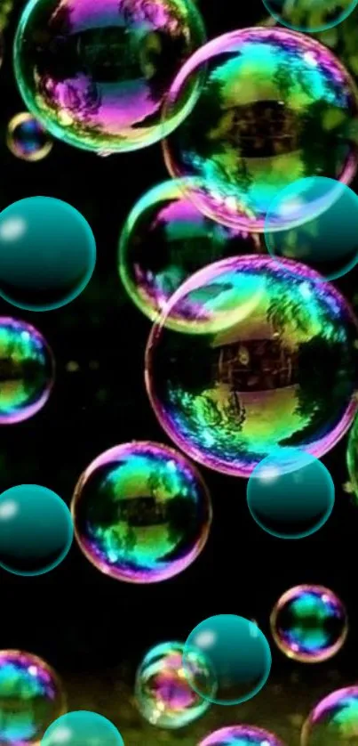 Colorful bubbles floating on dark green background.