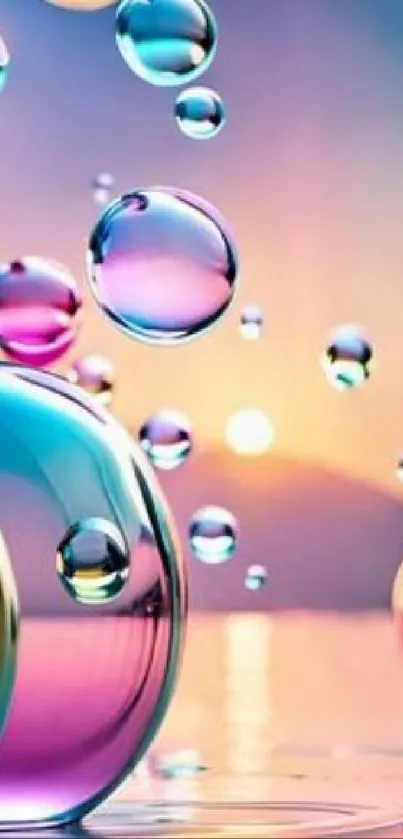 Colorful bubbles with a sunset backdrop.