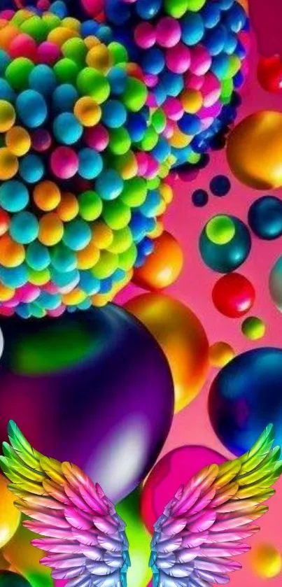 Colorful abstract wallpaper with bubbles and rainbow wings.