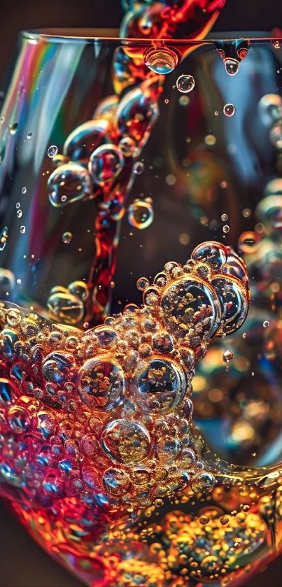 Colorful bubbles filling a wine glass dramatically.