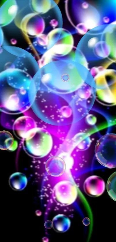 Vibrant mobile wallpaper with colorful bubbles and black background.