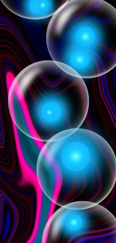 Vibrant neon bubbles with dark swirling background.