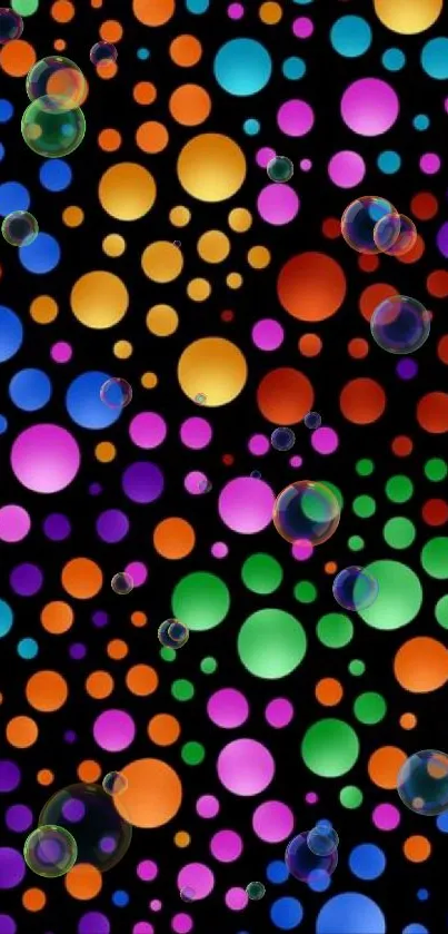 Colorful bubbles and dots on a black background for phone.