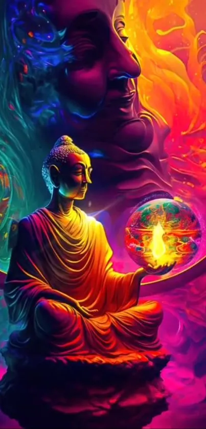 Vibrant Buddha art with colorful, abstract background.