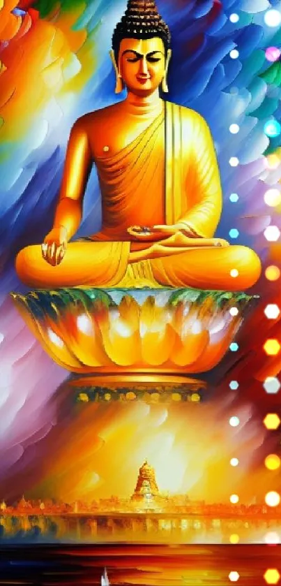 Vibrant Buddha image with colorful background depicting meditation.