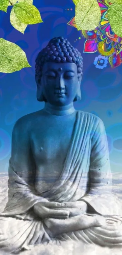 Buddha statue with colorful leaves and patterns in blue background.