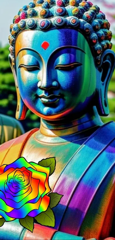 Colorful Buddha statue with rainbow rose.