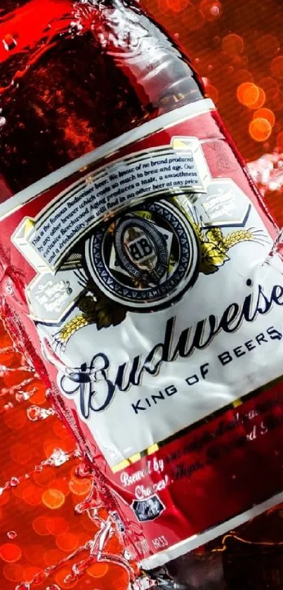 Budweiser bottle with splashing water on red background.