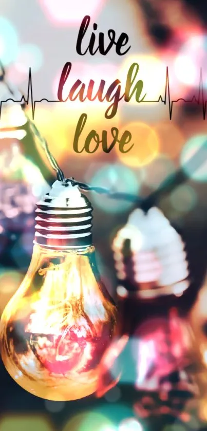 Vibrant light bulb with 'Live Laugh Love' quote and colorful bokeh background.