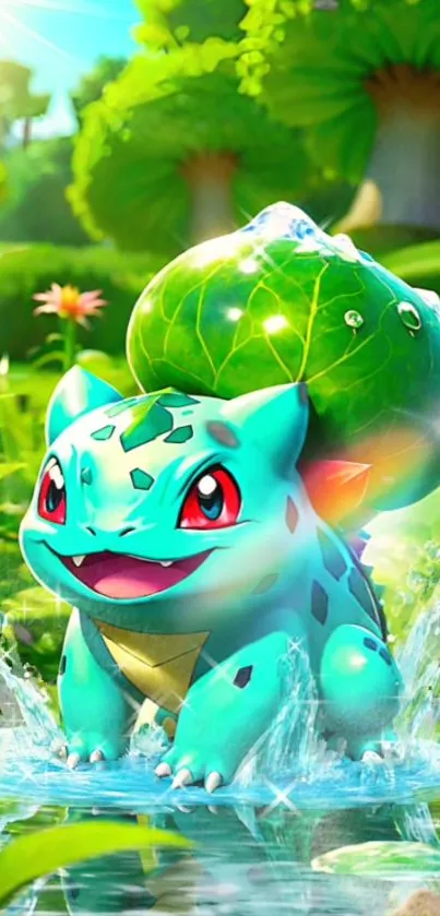 Bulbasaur in a vibrant green forest, splashing water.