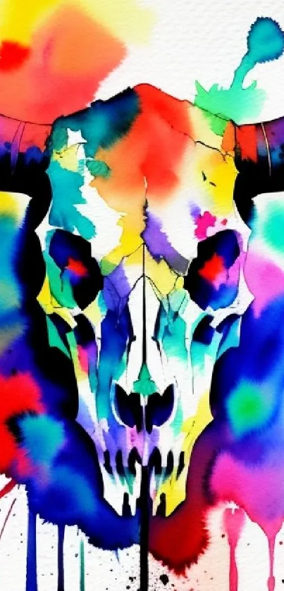 Colorful bull skull art with vibrant watercolor splash.