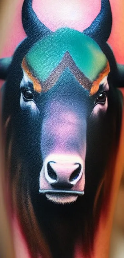 Vibrant bull tattoo design on skin with bold colors and artistic detail.