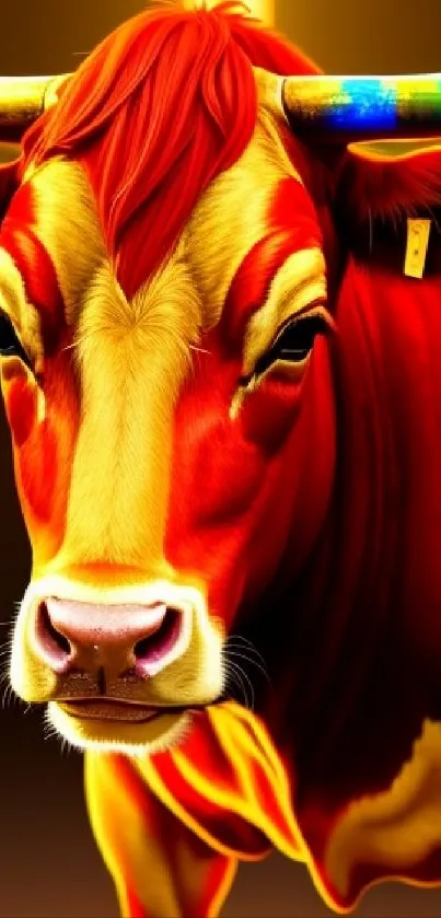 Vibrant red-orange bull mobile wallpaper with warm, colorful background.