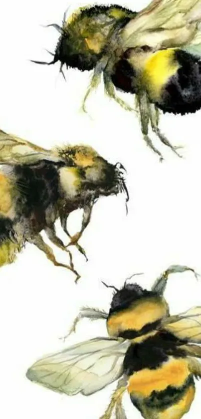 Artistic watercolor bees on white background wallpaper.