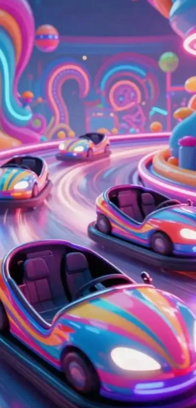 Colorful bumper cars in a vibrant theme park setting.