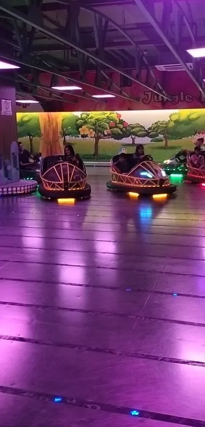 Colorful bumper cars under neon lights in an amusement park setting.