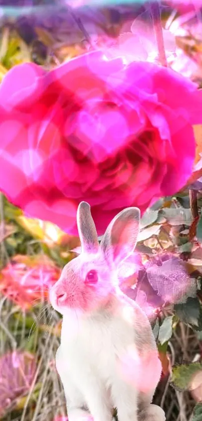 Bunny with vibrant pink rose in dreamy garden setting.