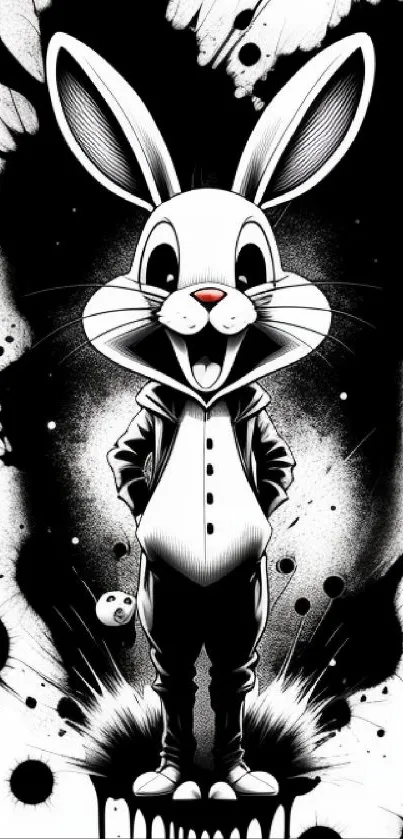 Bold cartoon bunny in black and white with paint splatters.