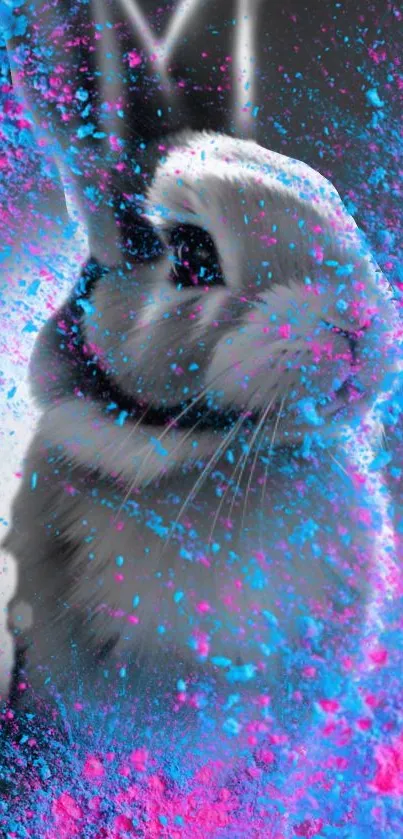 Colorful rabbit with pink and blue paint splashes.