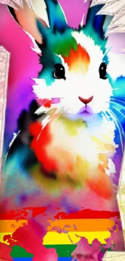 Colorful watercolor bunny with rainbow world map design.