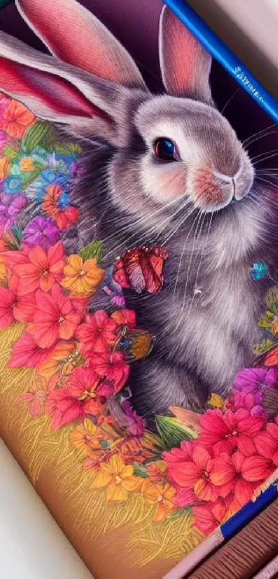 Vibrant bunny with colorful floral arrangement wallpaper.