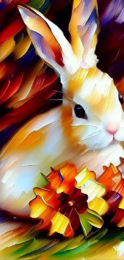 Vibrant digital painting of a rabbit with colorful flowers, perfect for mobile wallpaper.